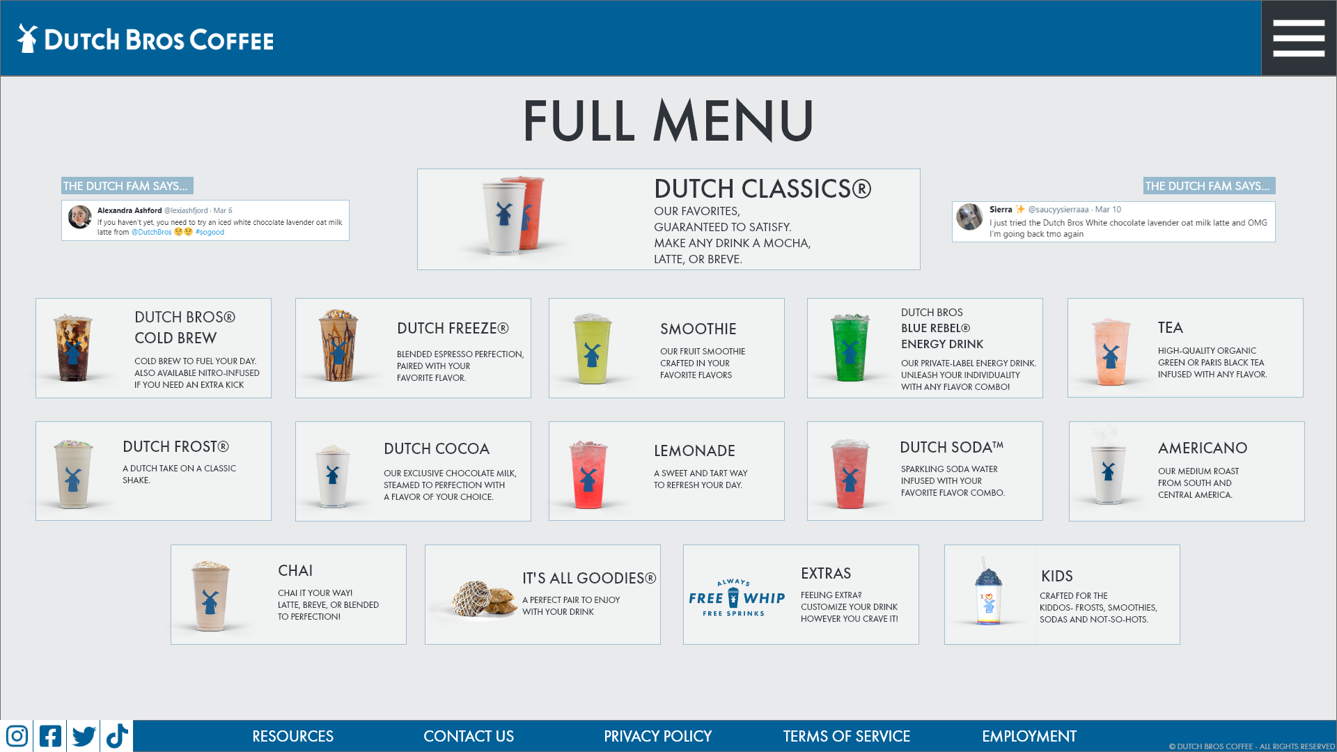 dutch bros redesigned menu page